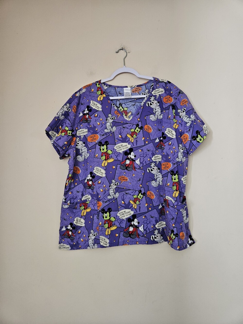 Disney Women's Purple Mickey Halloween Print Short Sleeve Scrub Top, Size XXL